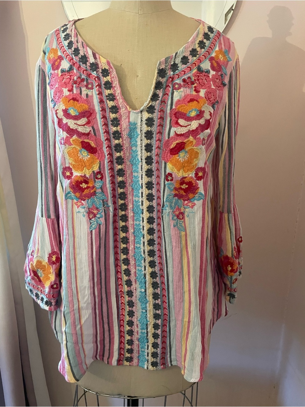 Savanna Jane Striped Tunic with Multicolor Floral Embroidery